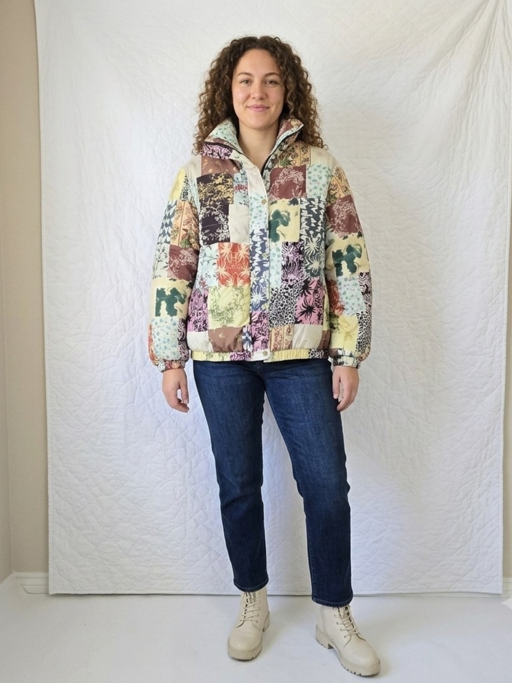 Vintage Patchwork Puffer Jacket Multi Color Floral Abstract Zip Up Bomber Med